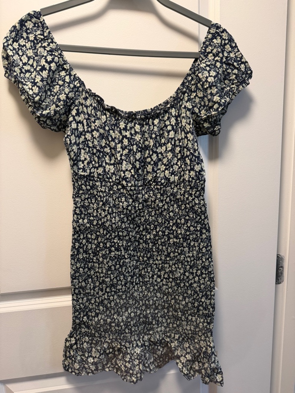 Navy Floral Off-Shoulder Smocked Mini Dress